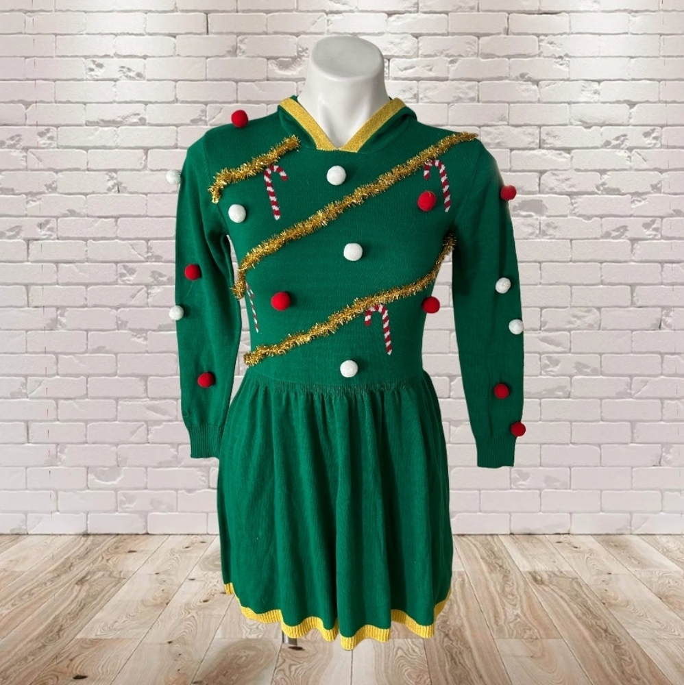 NWT/Mad Engine Ugly Xmas Green Warm Long Sleeve Candy Midi Dress 10-12 Years
